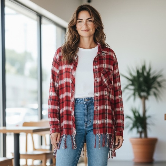 Olive & Oak Tops - NWT Olive+Oak Women’s Boho Flannel & Plaid Fringe Button Down Cotton Top